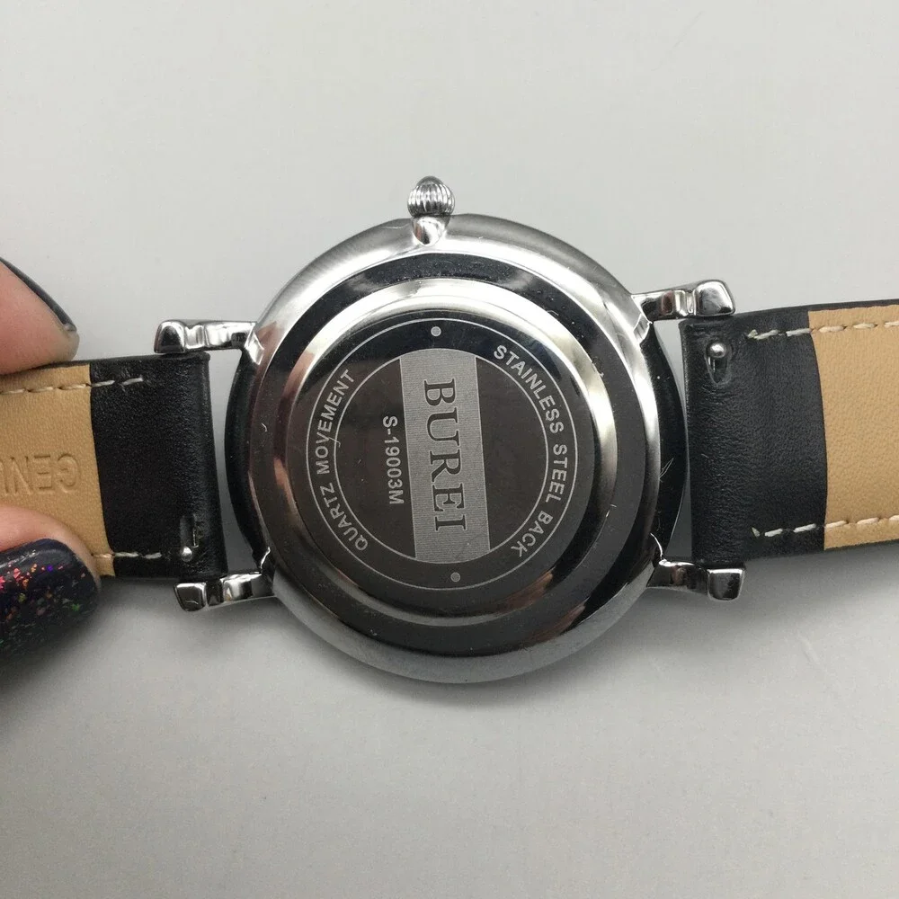 Burei S-19006M Mens Watch 41mm Black Dial Black Leather Date Dress New Battery